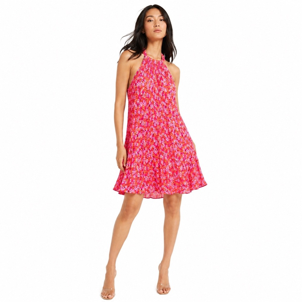 Petal + Pup Halter Dress Pink Floral Pleated Boho Resort Vacation Party Womens L